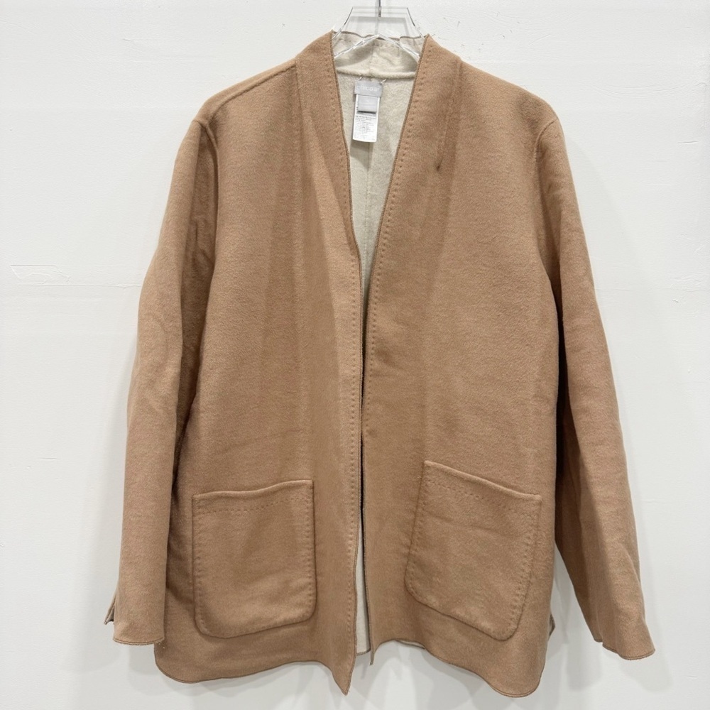 Chico’s Wool Blend Tan Open Front Knit Sweater Jacket Large Pockets Size 4